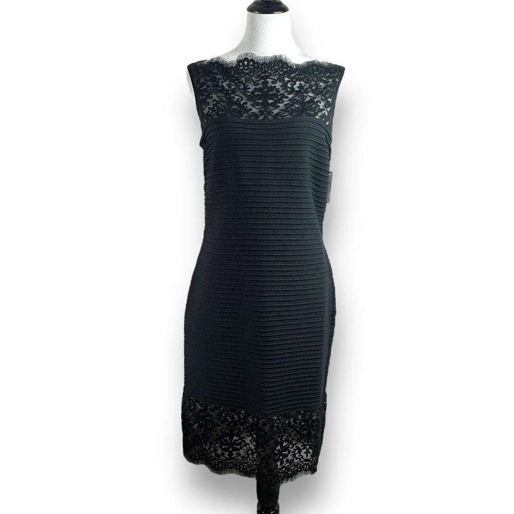 Tadashi Shoji L‎ Pintuck Sheer Lace Boatneck Sheath Dress Black Knee Length New